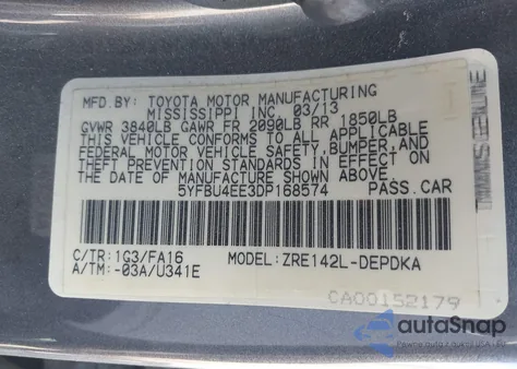 2013 Toyota Corolla L из США, поврежденный, VIN 5YFBU4EE3DP168574